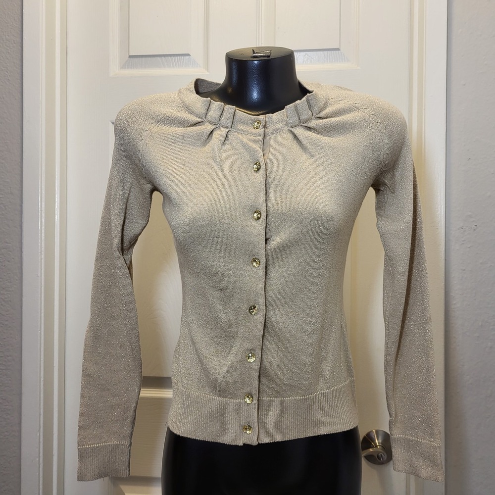 New York and Company Gold Metallic Ruffle Thread Sweater Size-XS